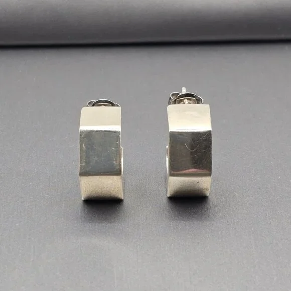 Sterling Silver Geometric C-Hoop Earrings Bold .75" Modern Hexagon Design - Picture 3 of 13